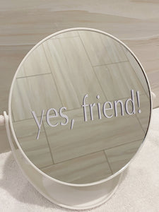 Positive affirmation white mirror decal without air bubbles on white bathroom mirror. Decal for daily positive affirmation. Mirror affirmation decal placed on modern white mirror for bathroom. White mirror for bathroom has a tray for skincare products.